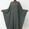 Elegant dark gray modest dress with flowing wide sleeves and matching headwrap. Perfect for special events.