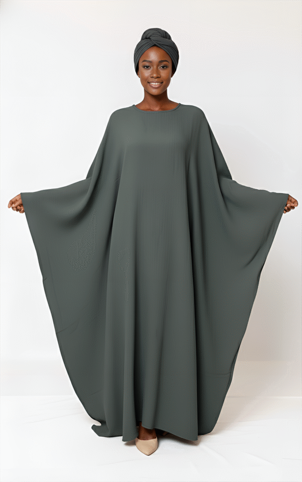 Elegant dark gray modest dress with flowing wide sleeves and matching headwrap. Perfect for special events.