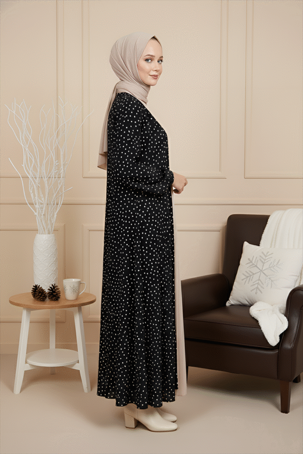 Stylish black polka dot dress paired with beige hijab, perfect for modest fashion and special occasions.