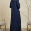 Elegant modest blue dress with white embroidery, perfect for special occasions.