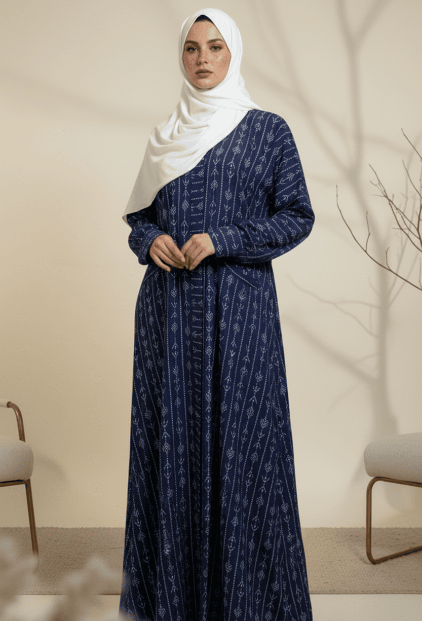 Embroidered navy blue modest dress with white hijab, perfect for cultural and religious occasions.