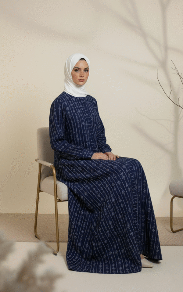 Navy blue embroidered modest dress with white hijab for elegant traditional style.