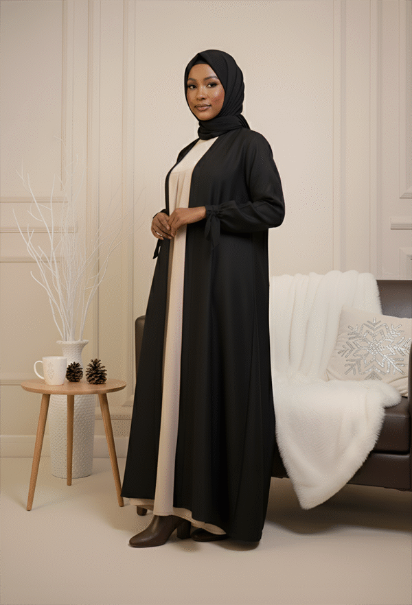 Stylish hijab and abaya outfit, perfect for modern modest fashion, indoor setting, Umeed Designs.