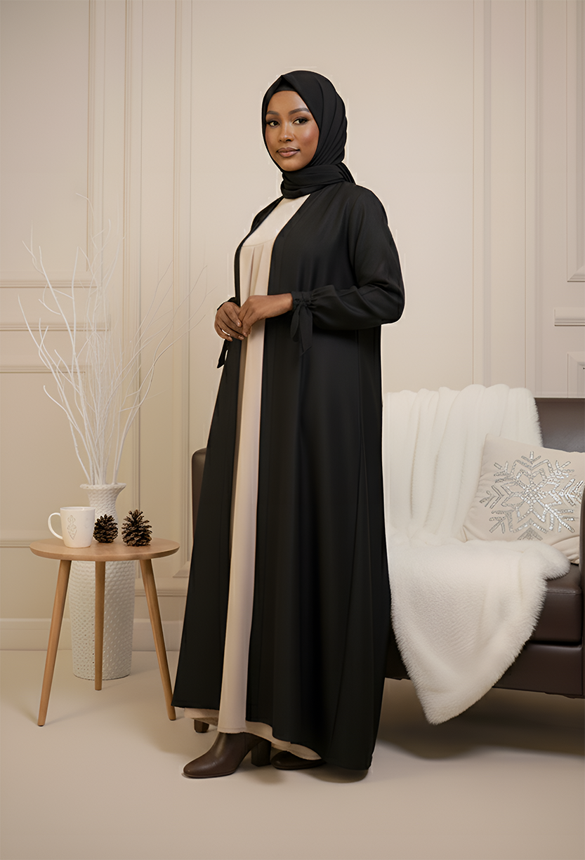 Stylish hijab and abaya outfit, perfect for modern modest fashion, indoor setting, Umeed Designs.