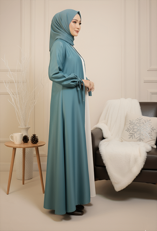 Stylish blue hijab and abaya outfit for modest fashion. Perfect for special occasions and everyday wear.