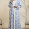 Versatile blue and white floral abaya with modest design, perfect for special occasions and everyday wear.