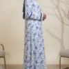 Stylish women’s blue and white floral maxi dress with long sleeves, ideal for formal occasions and cultural events.
