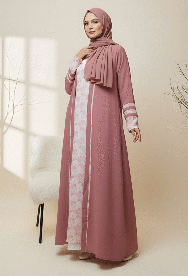 Stylish pink hijab and abaya for women, perfect modest fashion, contemporary Muslim apparel, Umeed Designs.
