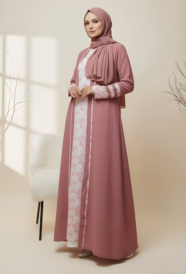 Beautiful pink abaya with matching headscarf, stylish and modest for women, perfect for special occasions or daily wear.