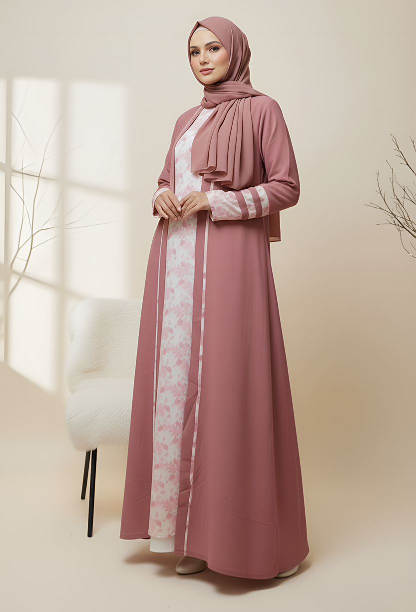 Beautiful pink abaya with matching headscarf, stylish and modest for women, perfect for special occasions or daily wear.
