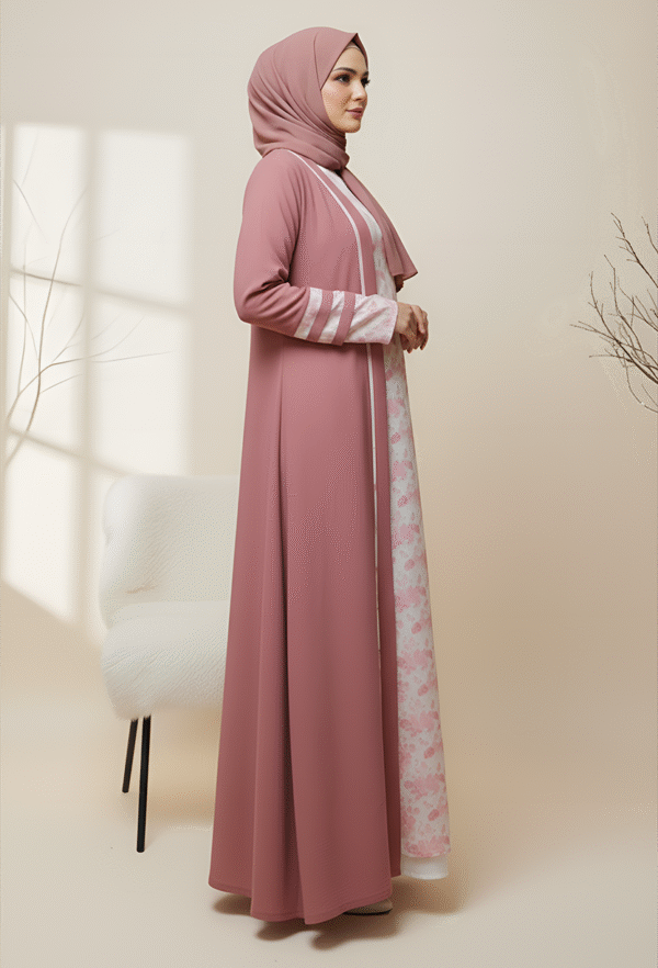 Fashionable women’s pink abaya and hijab, perfect for elegant modest wear and special occasions.