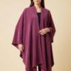 Magenta wool wrap coat with a relaxed fit and open front, perfect for stylish winter layering.