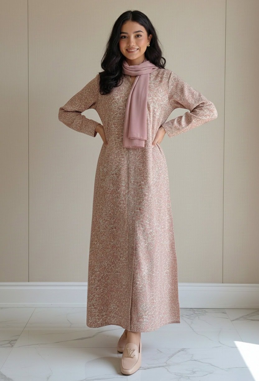 Woman wearing a pink embroidered dress with matching scarf, standing indoors.