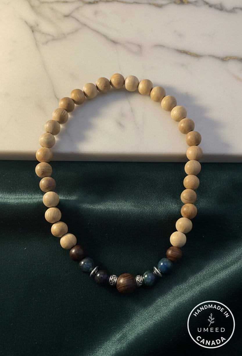 Beaded wooden necklace with natural and dark brown tones, handcrafted jewelry from Umeed Designs.