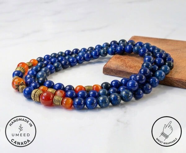 Handmade beaded necklace with vibrant blue and red stones, crafted with care and attention to detail.