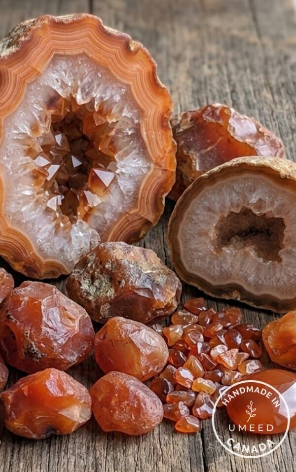 Geode with sparkling crystals and raw orange Carnelian stones.