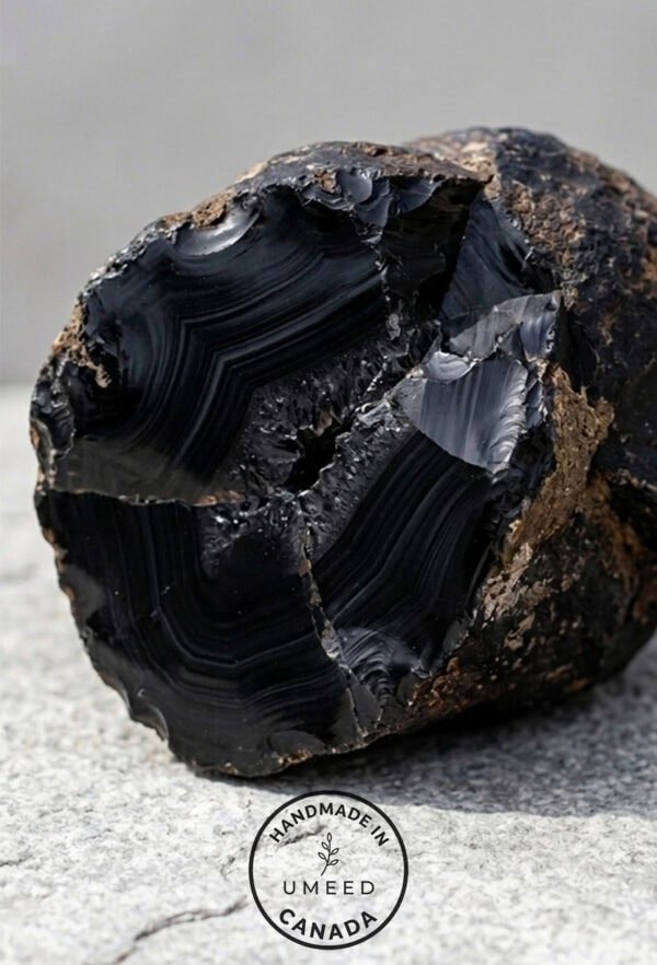 Black onyx geode crystal for jewelry making and healing practices. Unique natural stone with strikin.