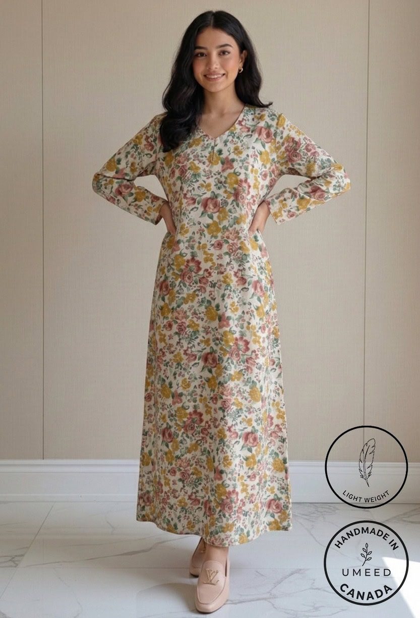 Elegant floral maxi dress for women by Umeed Designs, perfect for casual and special occasions.