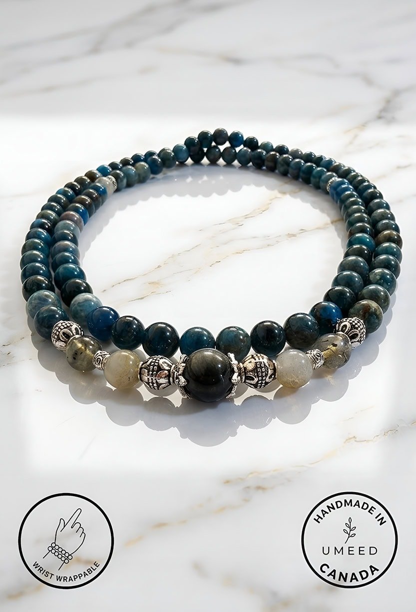Elegant handmade beaded necklace with silver accents, crafted in Canada by Umeed Designs.