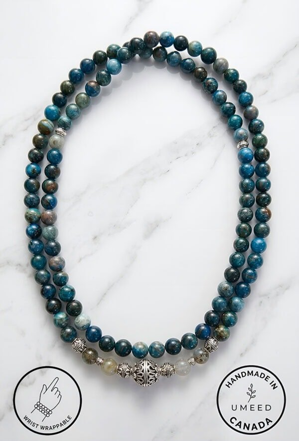 Blue gemstone beaded necklace with silver accents, handmade in Canada.