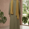 Modest olive-green dress with mustard hijab, perfect for elegant and cultural occasions. Handmade in.
