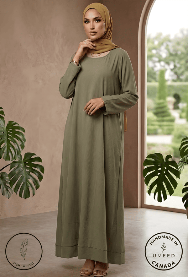 Abaya with hijab in olive green, lightweight and handmade, perfect for modest fashion and special oc.