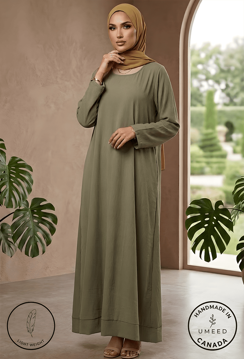 Abaya with hijab in olive green, lightweight and handmade, perfect for modest fashion and special oc.