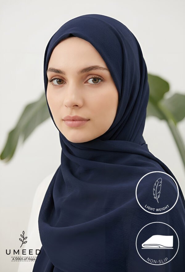 Elegant navy blue hijab by Umeed Designs, lightweight and non-slip for comfortable wear.