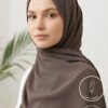 Elegant woman wearing a taupe hijab with a light background and green plant.