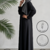 Elegant black abaya with grey hijab from Umeed Designs, lightweight and handmade in Canada.