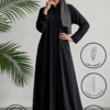 Elegant black abaya with a gray hijab, modern design, front open, handmade in Canada.