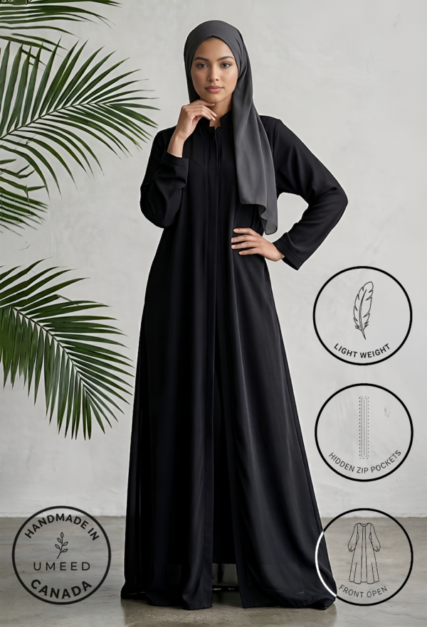 Elegant black abaya with a gray hijab, modern design, front open, handmade in Canada.